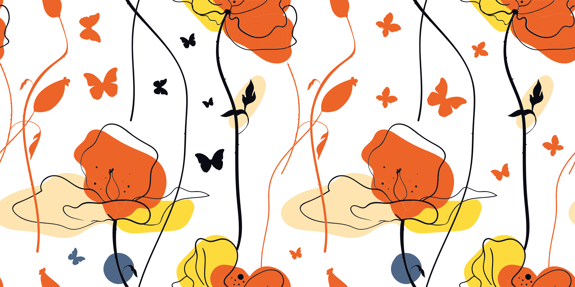 Desenho abstrato papoulas borboletas tapete floral - TenStickers