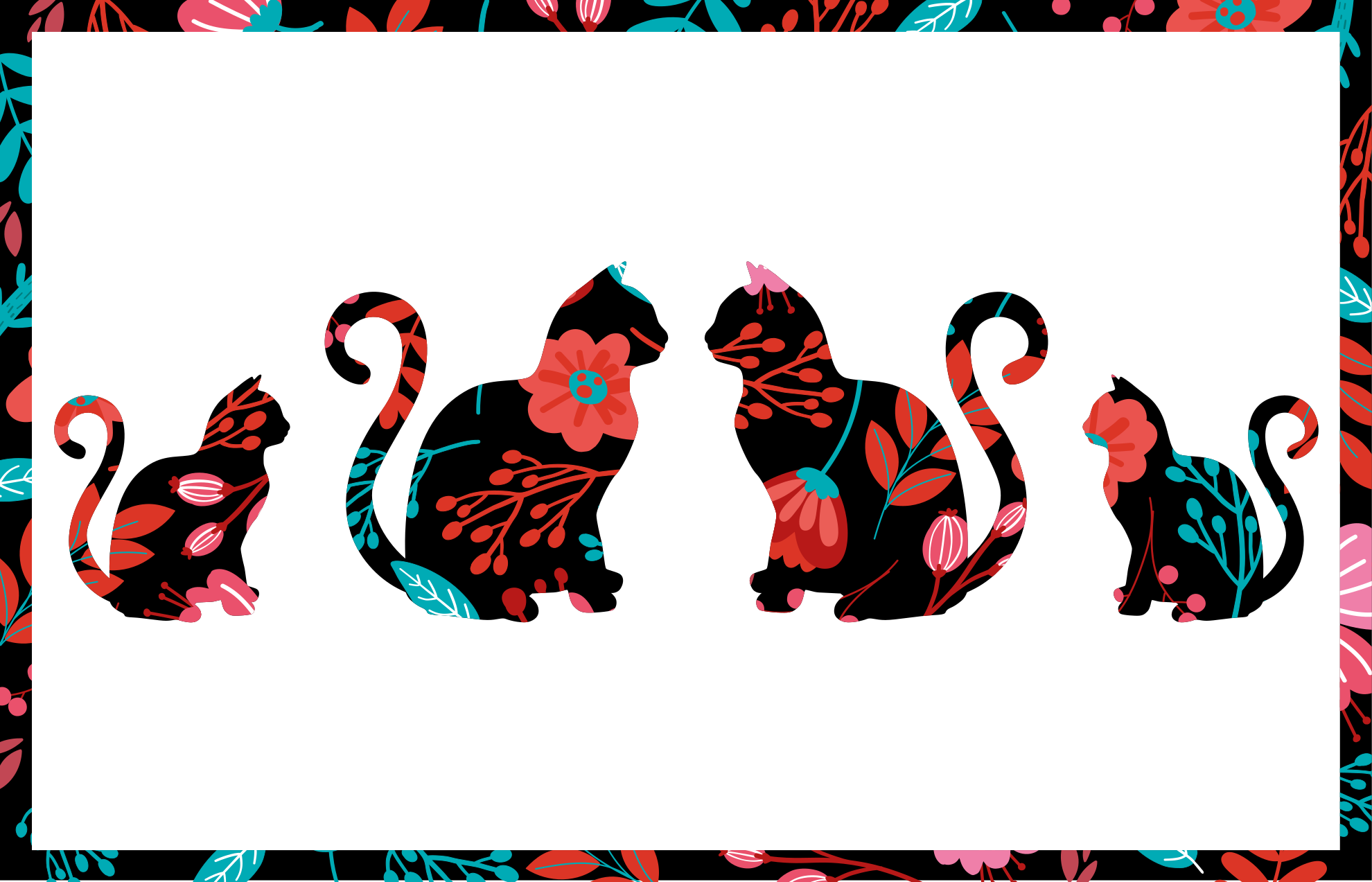 Tapete vinílico flores e plantas silhuetas coloridas de gato - TenStickers