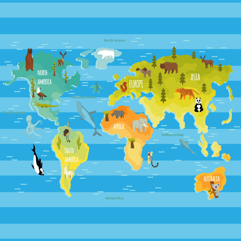 Animais típicos nos continentes mapa-múndi tapete - TenStickers