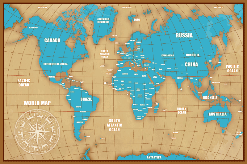 Terra azul em um tapete de mapa-múndi com moldura marrom - TenStickers