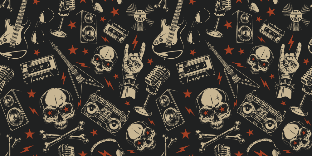 Padrão musical grunge com tapete de caveiras - TenStickers