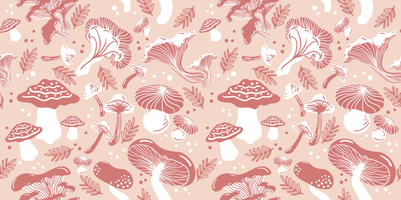 Tapete floral com padrão de folhas e cogumelos rosa - TenStickers