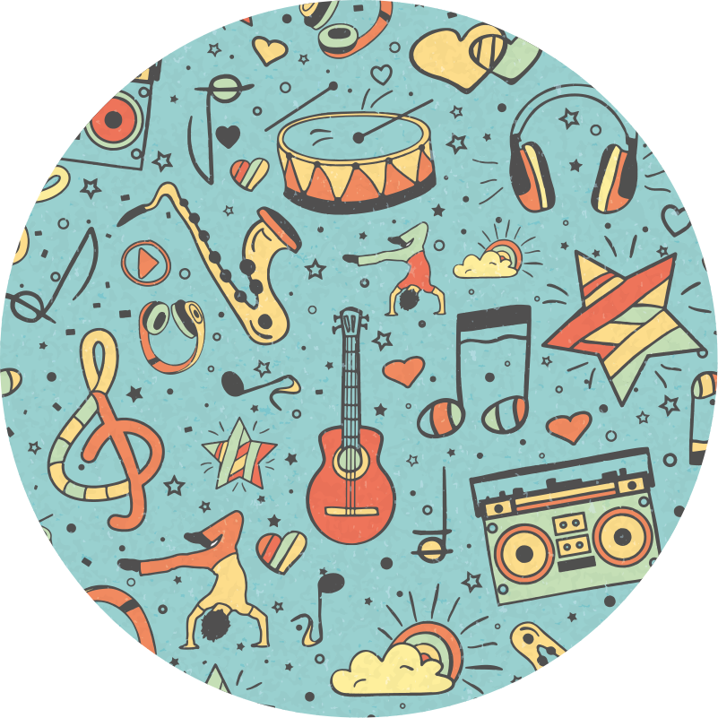 Tapete circular colorido de notas musicais vintage - TenStickers