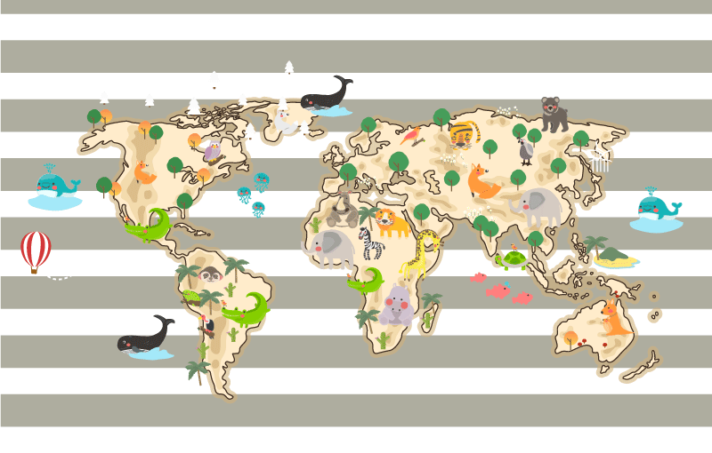 Estilo arte vintage com tapete de mapa-múndi de animais - TenStickers