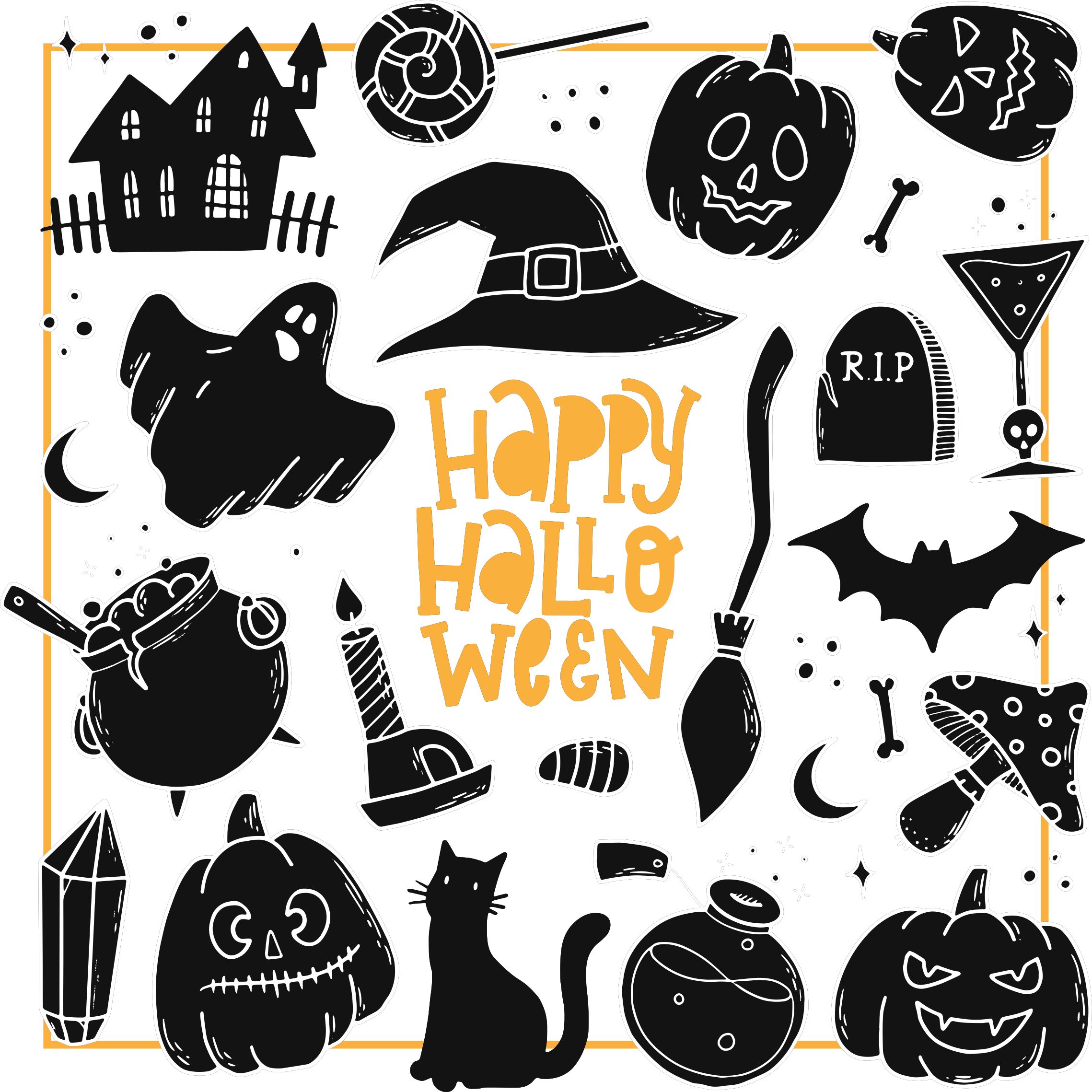 Feliz halloween preto doodles tapete circular - TenStickers