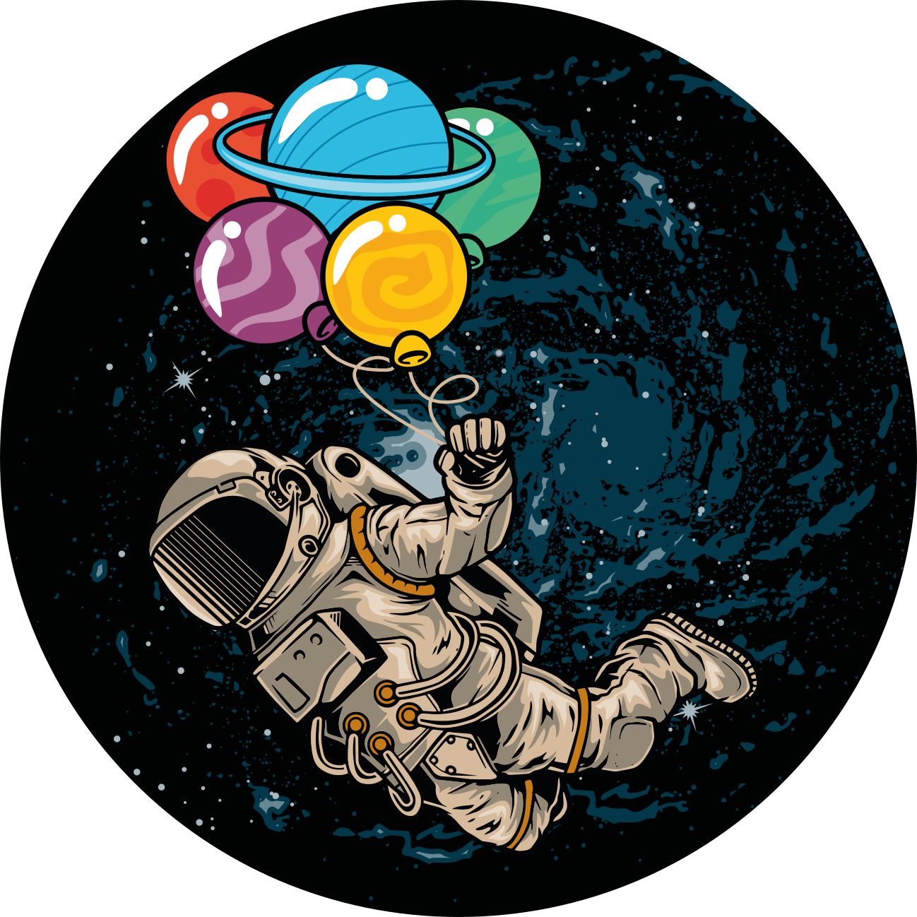 Astronauta flutuando no espaço com tapete de balões - TenStickers