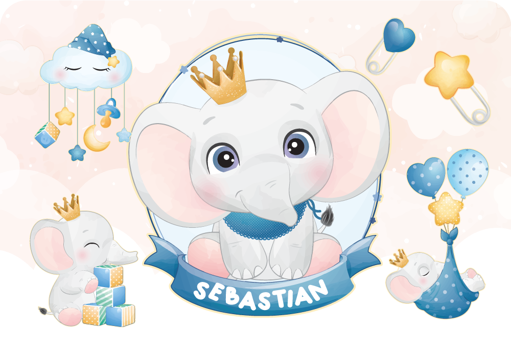 Tapete vinílico com nome elefante coroado brincalhão - TenStickers