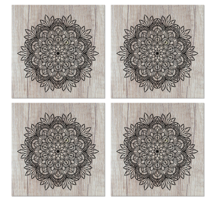 Papel de parede azulejo mandala preta sobre madeira - TenStickers