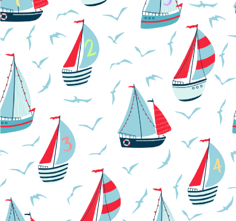 papel de parede infantil Barcos à beira-mar com números - TenStickers