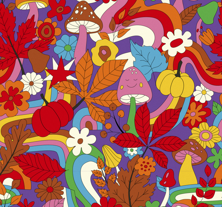 papel de parede floral padrão psicodélico colorido retrô - TenStickers