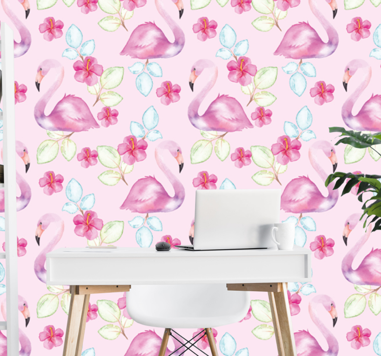papel de parede animais flamingos florais - TenStickers