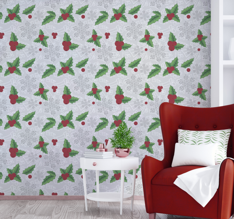 Papel de parede Natal padrão festivo de azevinho - TenStickers