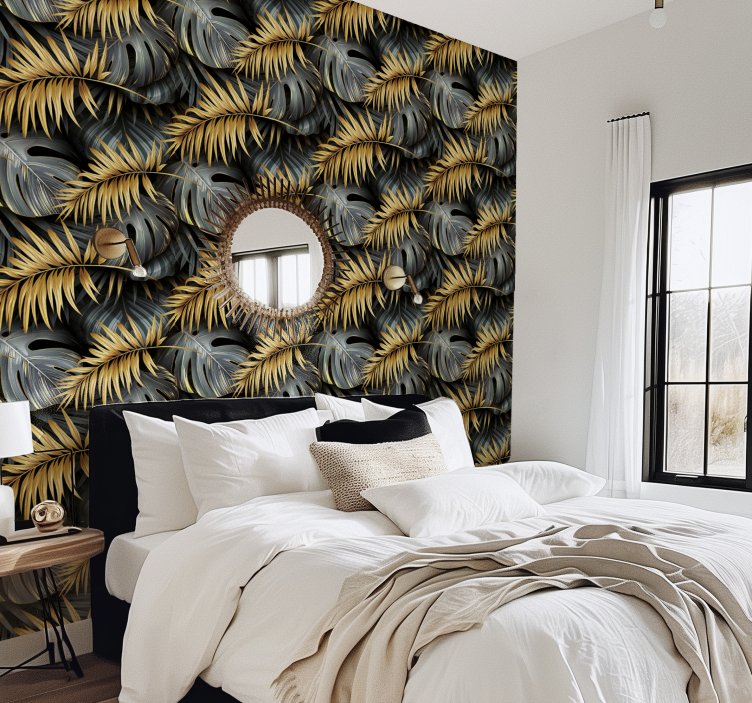 papel de parede preto folhas tropicais - TenStickers