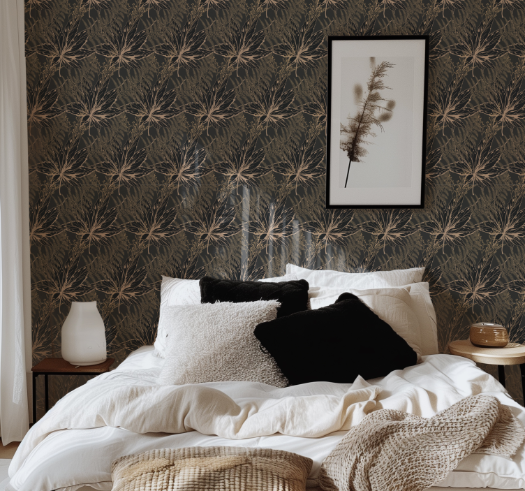 papel de parede preto grandes folhas douradas - TenStickers