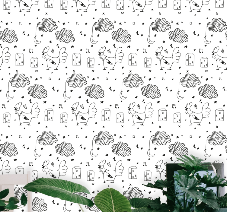 papel de parede animais padrão de desenho animado de galo - TenStickers