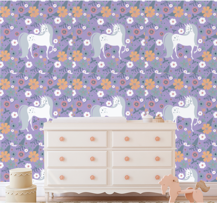 papel de parede animais padrão floral de unicórnio - TenStickers