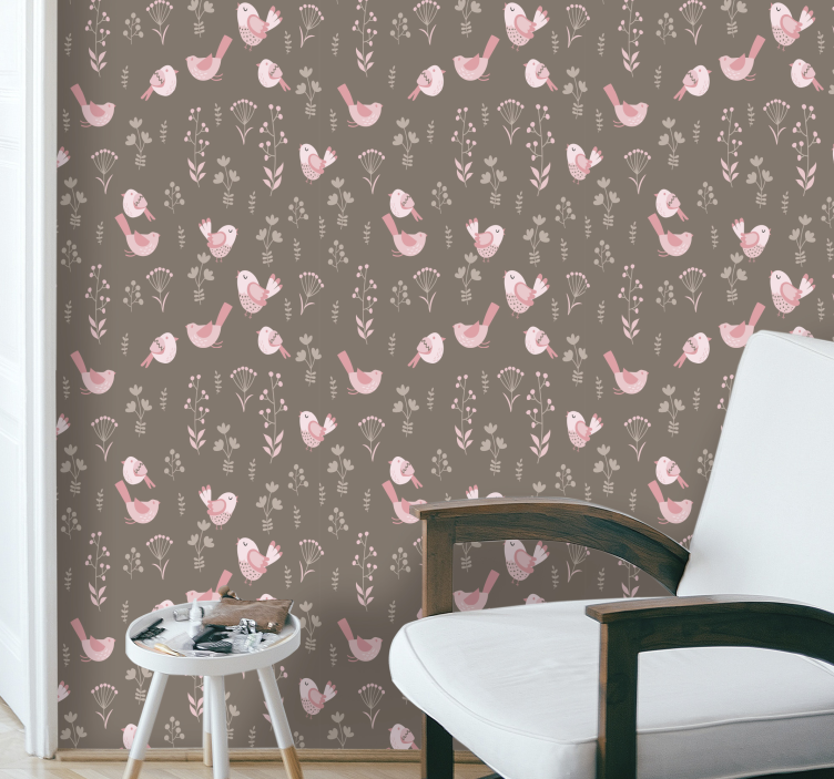 papel de parede de animais Pássaros rosa vintage fundo marrom - TenStickers