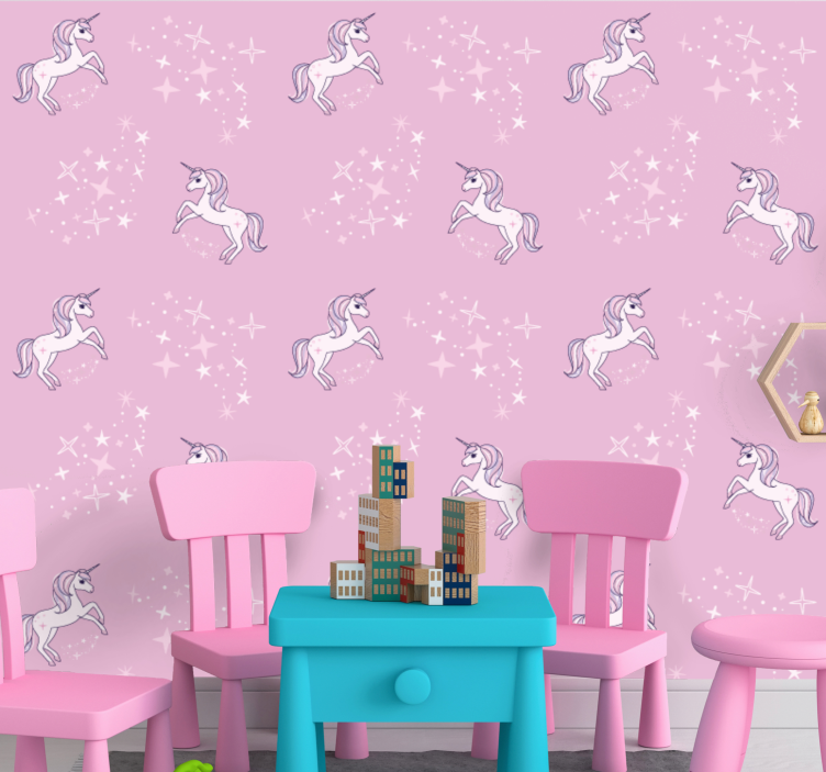 papel de parede infantil unicórnios estrelados rosa - TenStickers