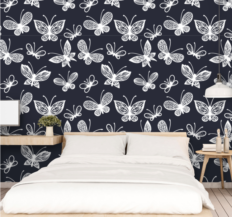 Papel de parede borboletas padrão azul e branco - TenStickers