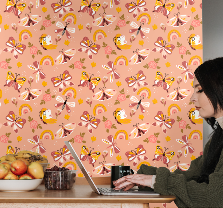 papel de parede borboletas padrão de flora de borboleta - TenStickers