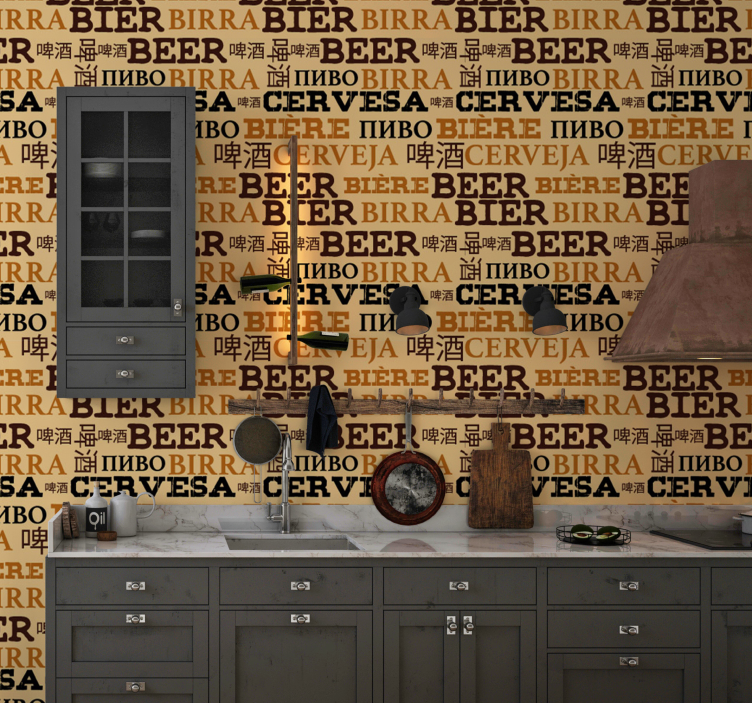 papel de parede para cozinha Texto de cerveja em diferentes idiom - TenStickers