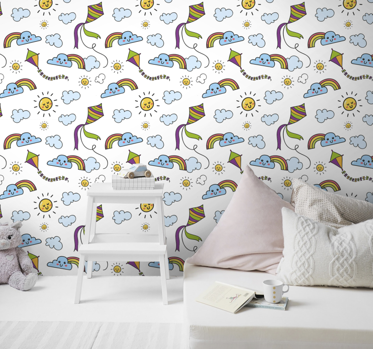 papel de parede infantil Arco-íris, sol e pipa - TenStickers