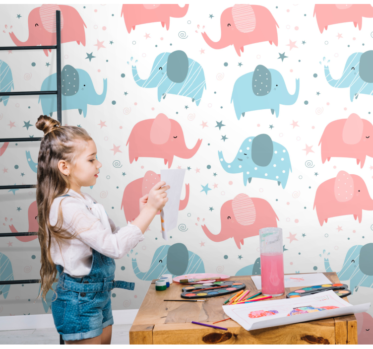 papel de parede infantil Elefante rosa e azul - TenStickers