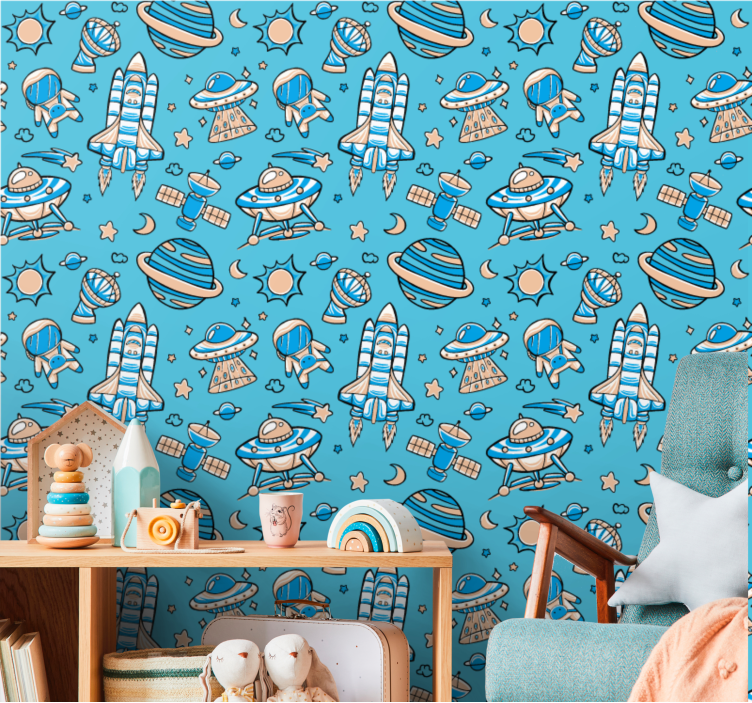 papel de parede infantil Nave espacial recomeçar em um céu azul - TenStickers