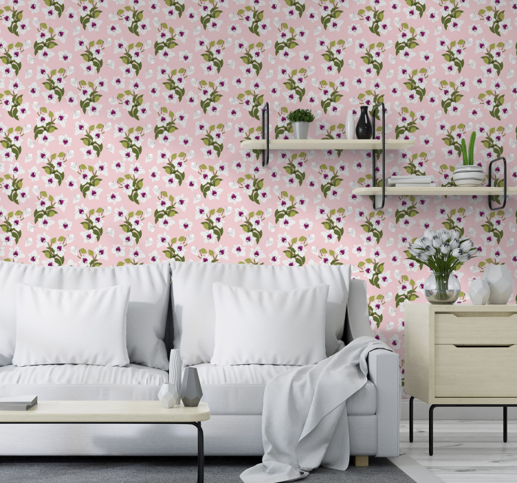Papel de parede de flores brancas com fundo rosa - TenStickers
