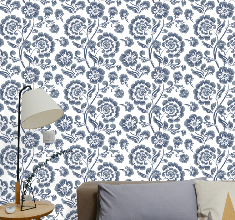 papel de parede floral estampa elegante azul marinho - TenStickers