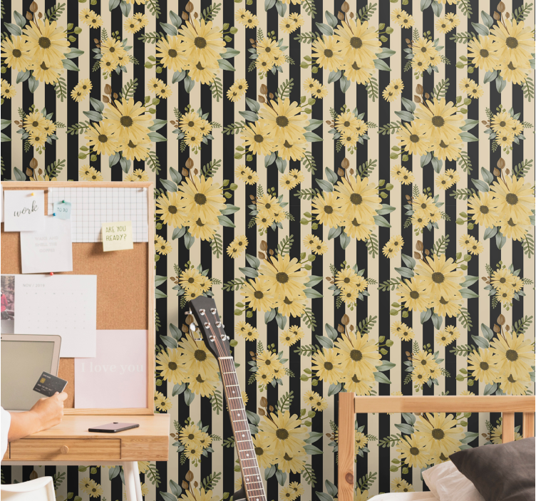 papel de parede floral padrão de girassol listrado - TenStickers