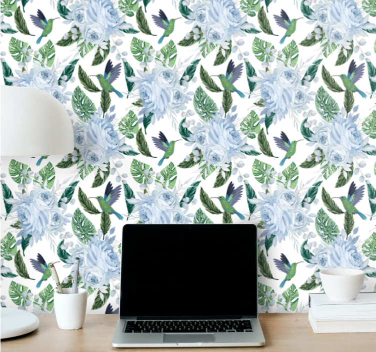 papel de parede flores desenho floral de colibri - TenStickers