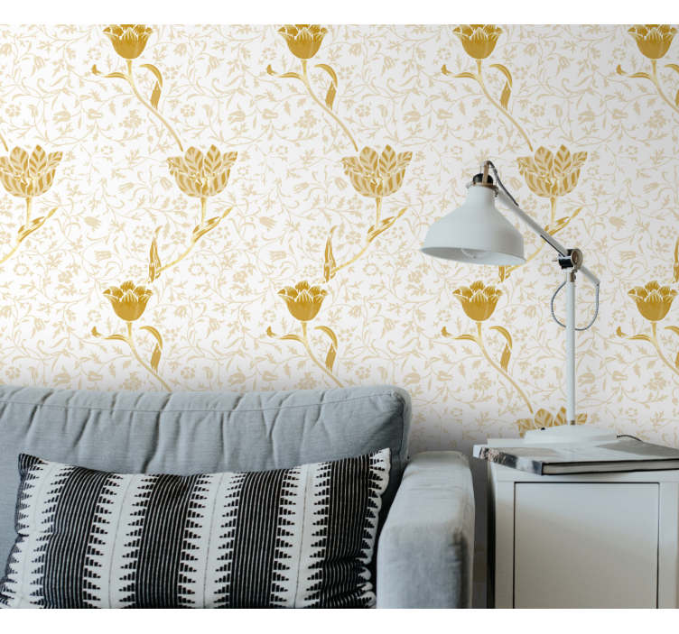 papel de parede flores desenho floral dourado - TenStickers