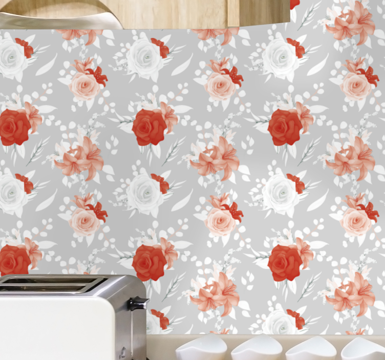 papel de parede floral Esmalte vermelho e cinza estampado - TenStickers