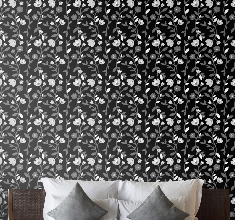 papel de parede floral Flores cinza fundo preto - TenStickers