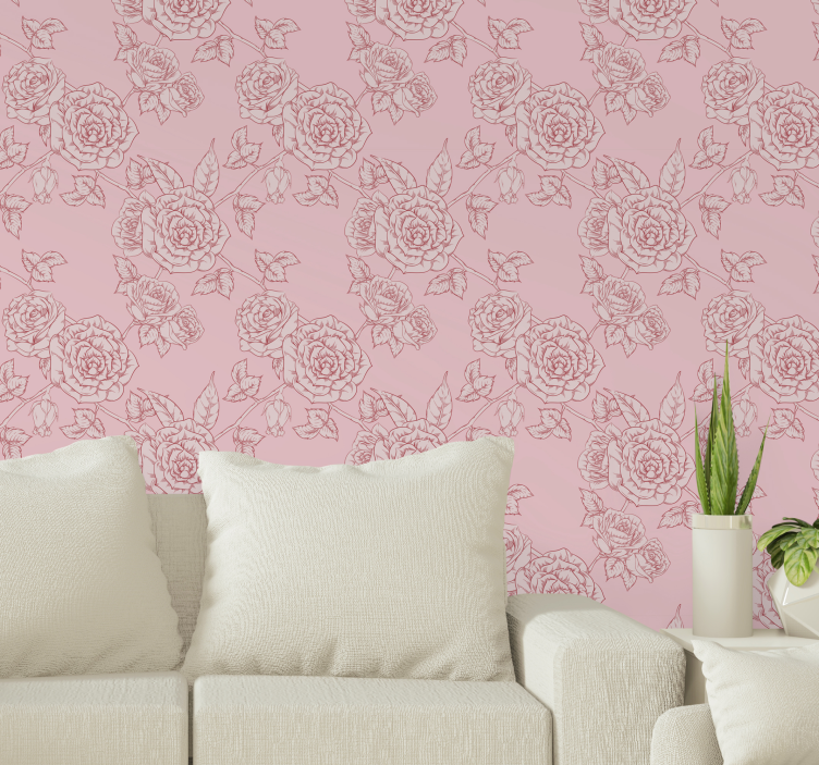 papel de parede floral Fundo rosa com rosas vermelhas - TenStickers