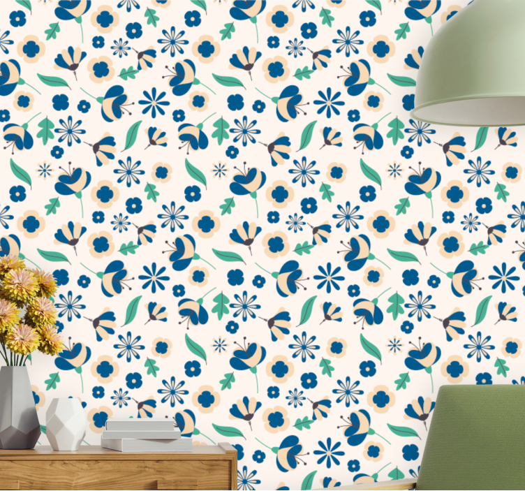 Papel de parede flores padrão azul floral - TenStickers
