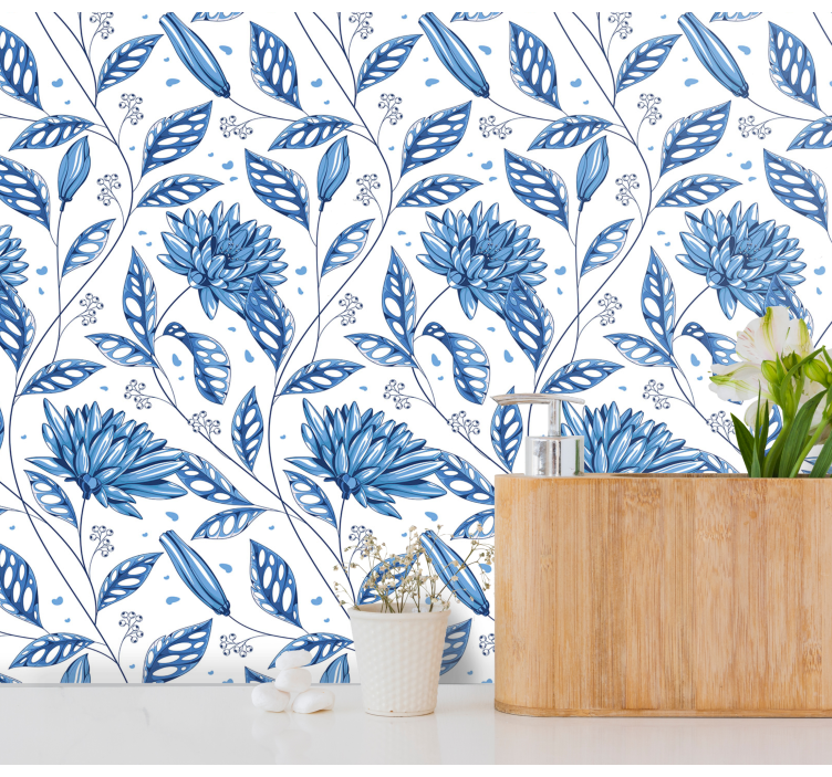 papel de parede flores padrão floral azul - TenStickers