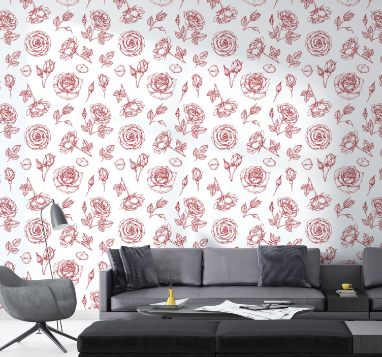 papel de parede flores padrão floral esboçado - TenStickers