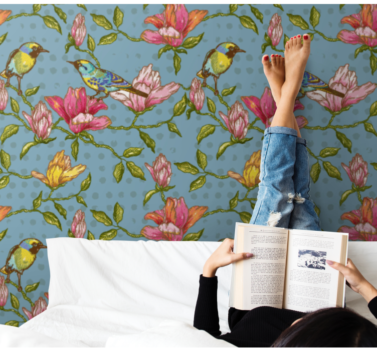 papel de parede floral Pássaros amarelos com flores - TenStickers