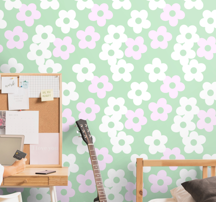 papel de parede floral Verde com flores brancas e rosa - TenStickers