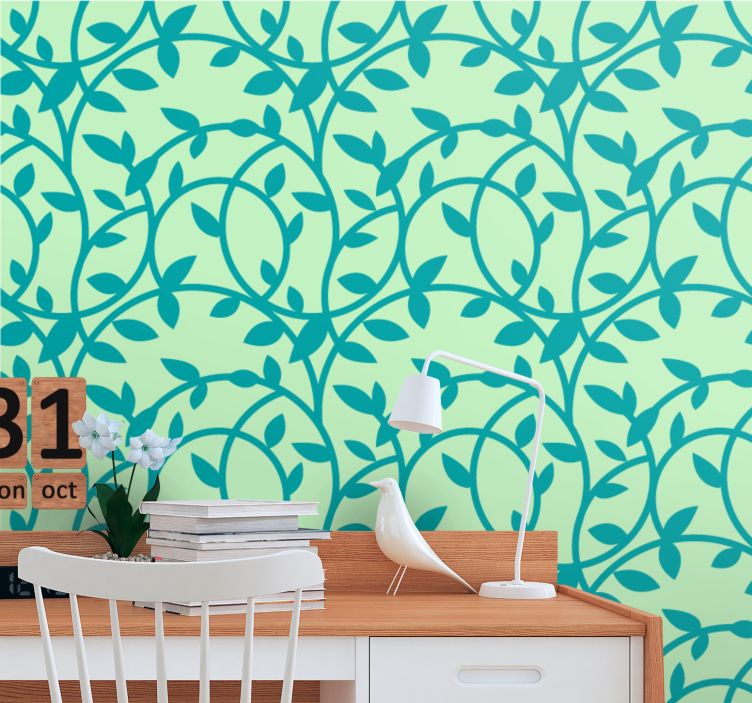 papel de parede floral Verde com flores turquesa - TenStickers