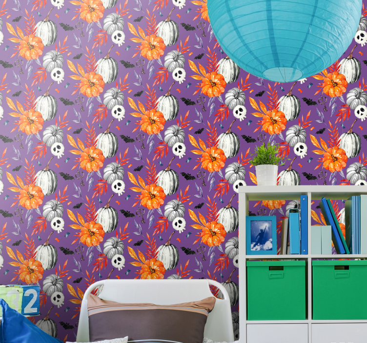 Papel de parede halloween caveiras florais laranja - TenStickers