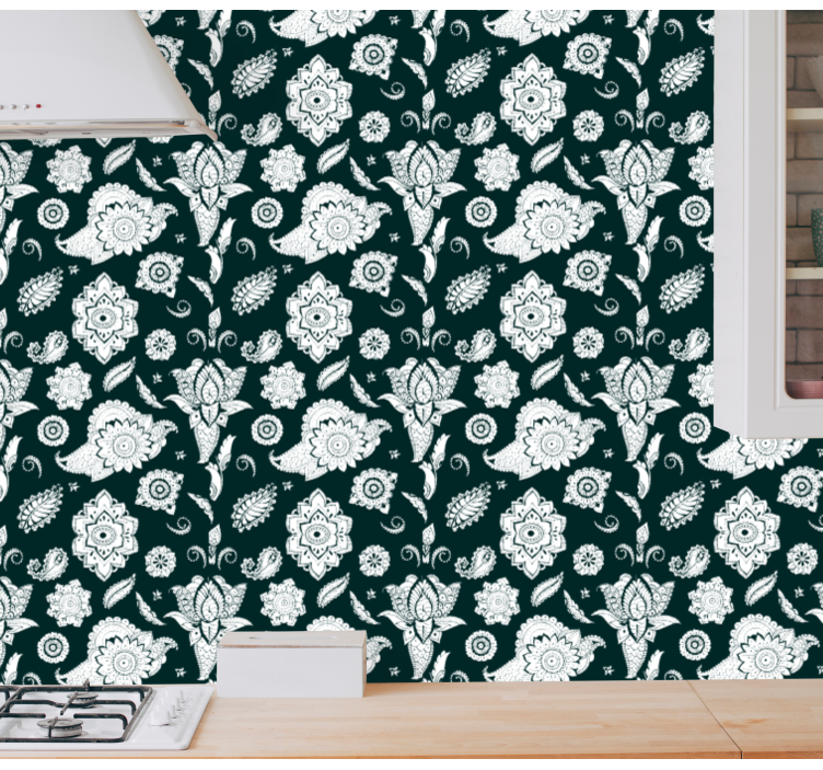 papel de parede para cozinha motivo de azulejo floral - TenStickers