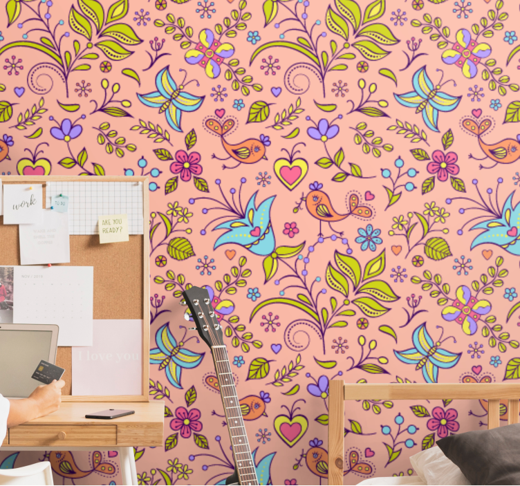 papel de parede ornamental motivo floral pássaro - TenStickers