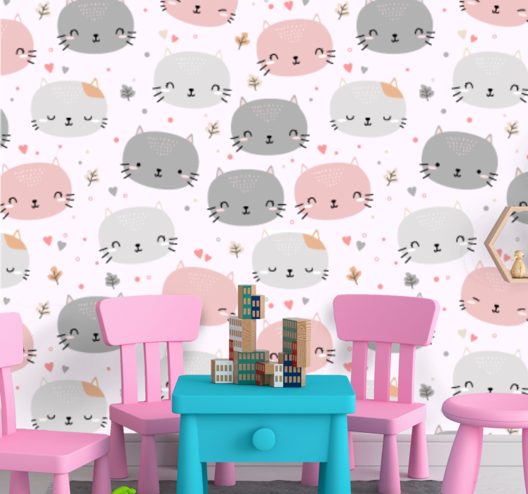 papel de parede para quarto Gatinhos fofos cinza e rosa - TenStickers