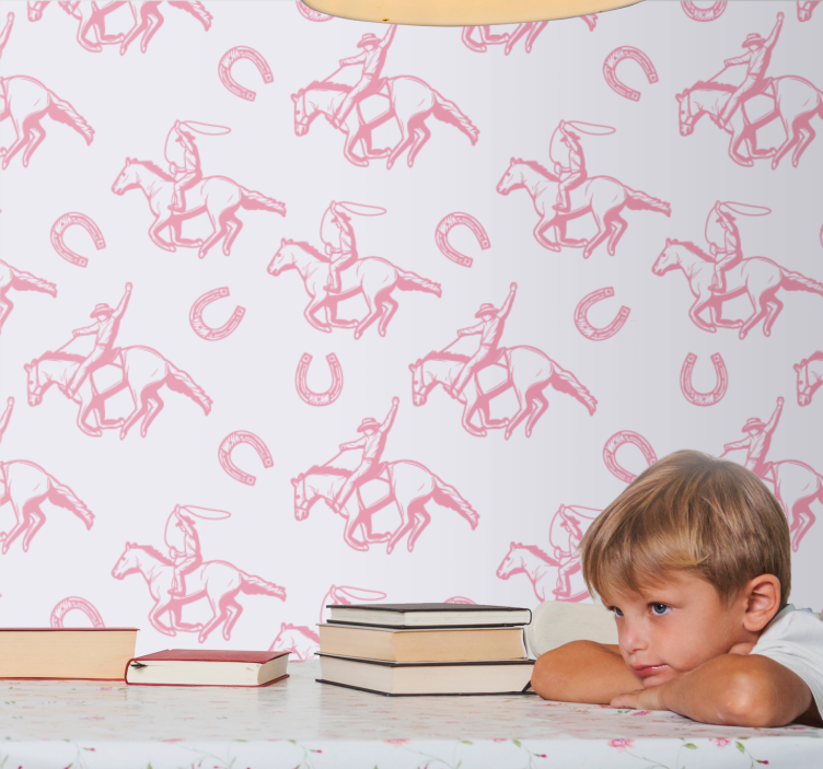 papel de parede para quarto Padrão de cavalo cowboy rosa - TenStickers