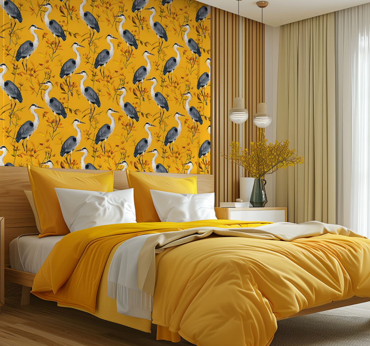 papel de parede amarelo padrão de garças - TenStickers