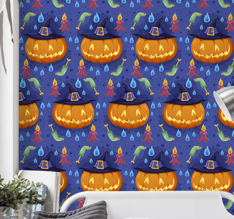papel de parede cor de laranja Abóboras brilhantes de halloween - TenStickers