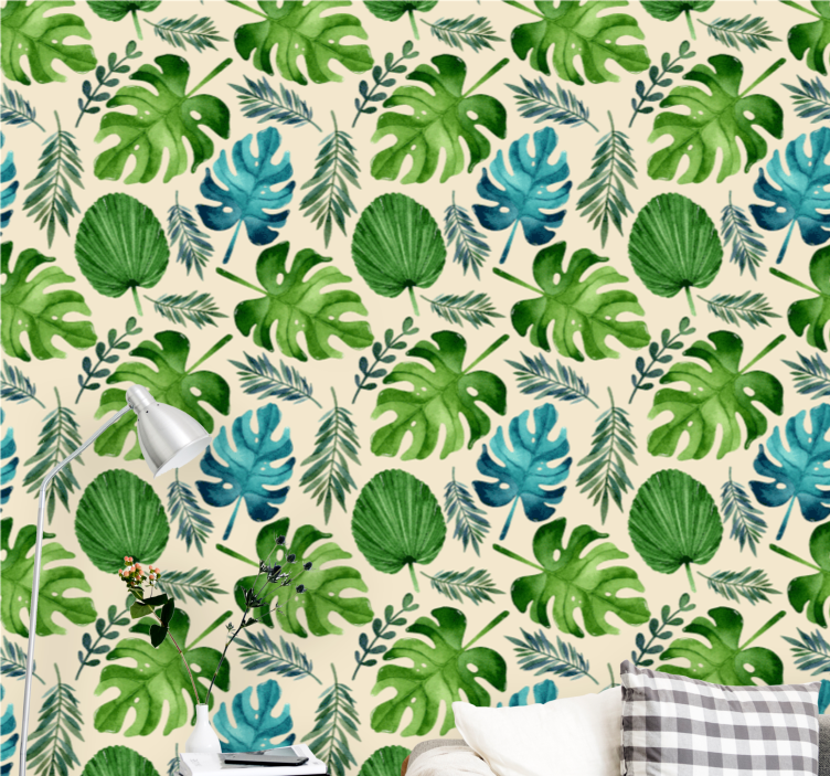 Papel de parede natureza Padrão de folhas verdes tropicais - TenStickers